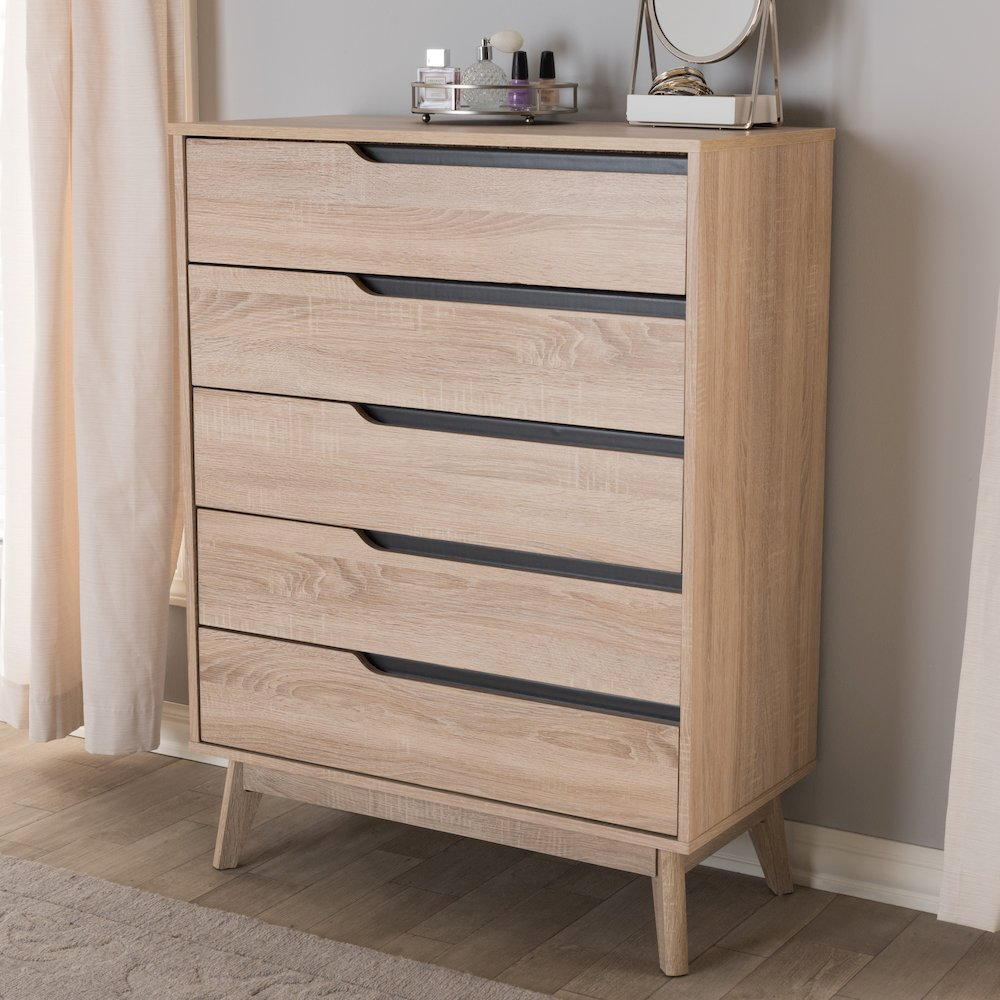 Fella Mid-Century Modern Two-Tone Oak and Grey Wood 5-Drawer Chest