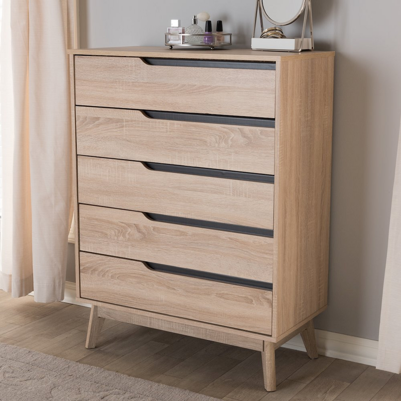 Fella Mid-Century Modern Two-Tone Oak and Grey Wood 5-Drawer Chest