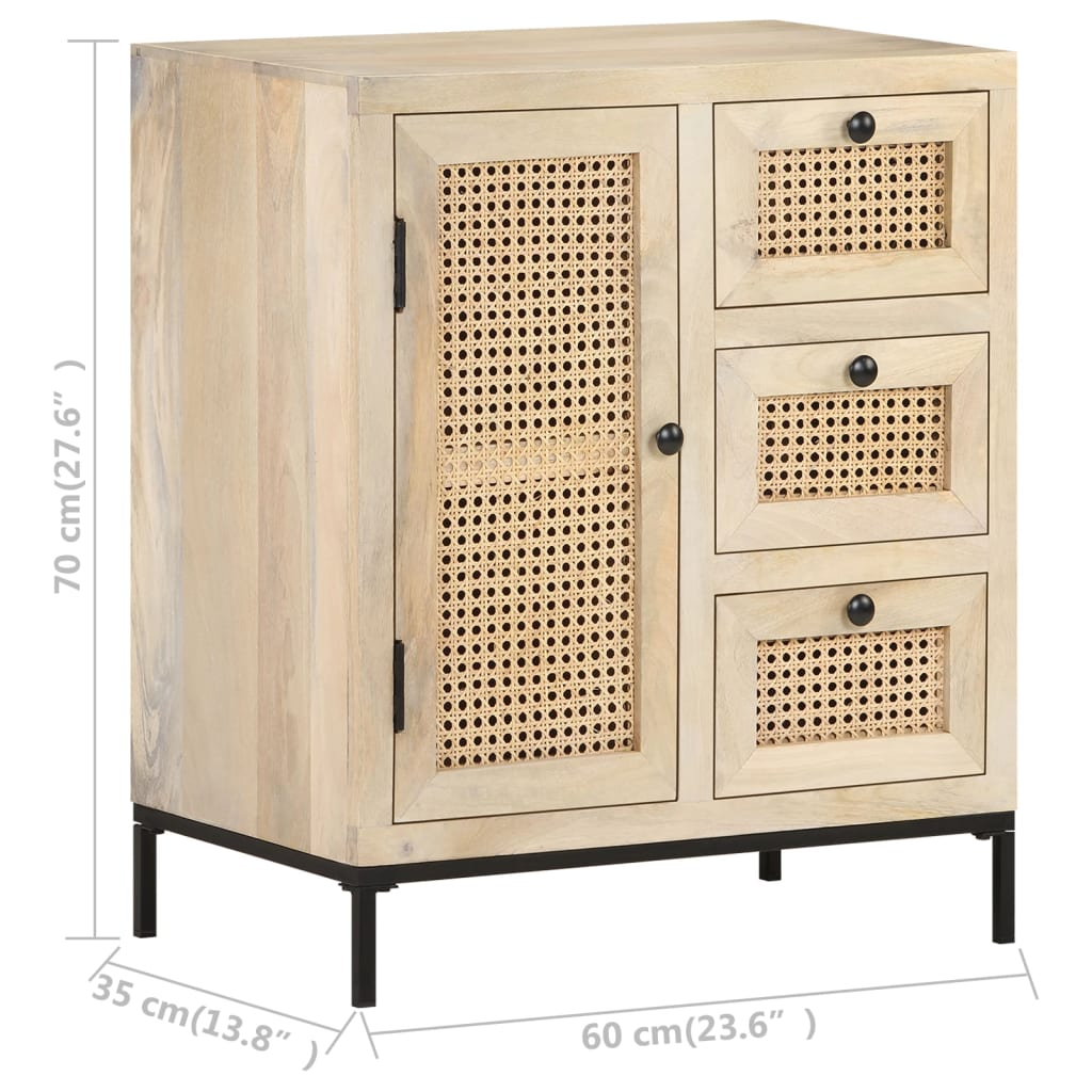 vidaXL Sideboard 23.6"x13.8"x27.6" Solid Mango Wood and Natural Cane