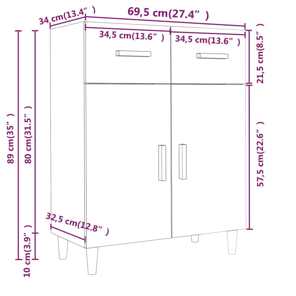 vidaXL Sideboard White 27.4"x13.4"x35" Engineered Wood