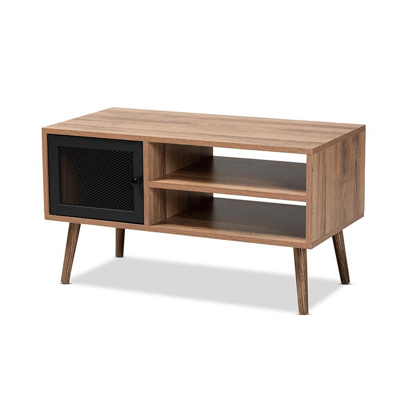 Baxton Studio Yuna Mid-Century Modern Transitional Natural Brown Finished Wood and Black Metal 1-Door Coffee Table