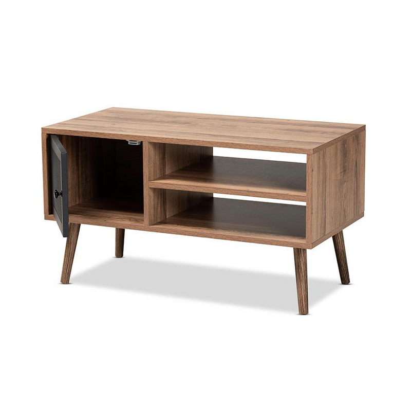 Baxton Studio Yuna Mid-Century Modern Transitional Natural Brown Finished Wood and Black Metal 1-Door Coffee Table