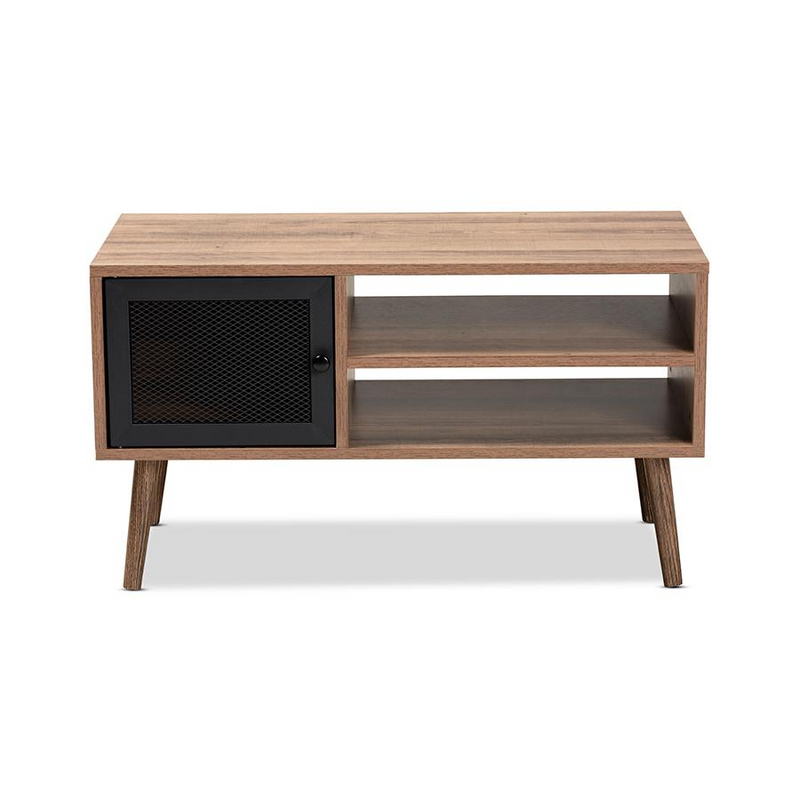 Baxton Studio Yuna Mid-Century Modern Transitional Natural Brown Finished Wood and Black Metal 1-Door Coffee Table