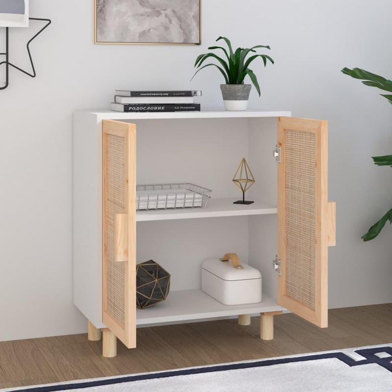 vidaXL Sideboard White 23.6"x11.8"x27.6" Solid Wood Pine and Natural Rattan