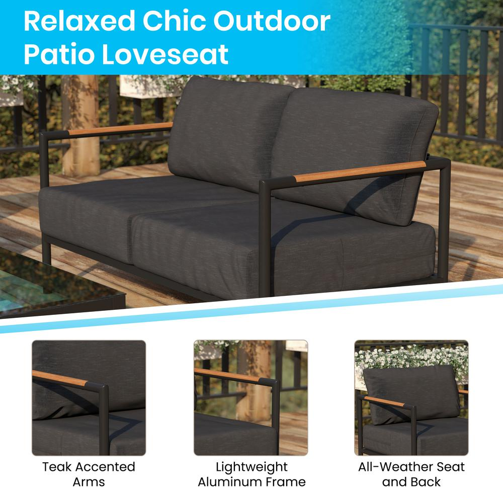 Indoor/Outdoor Patio Loveseat with Cushions - Modern Aluminum Framed Loveseat with Teak Accent Arms, Black with Charcoal Cushions