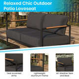 Indoor/Outdoor Patio Loveseat with Cushions - Modern Aluminum Framed Loveseat with Teak Accent Arms, Black with Charcoal Cushions