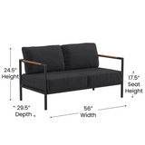 Indoor/Outdoor Patio Loveseat with Cushions - Modern Aluminum Framed Loveseat with Teak Accent Arms, Black with Charcoal Cushions