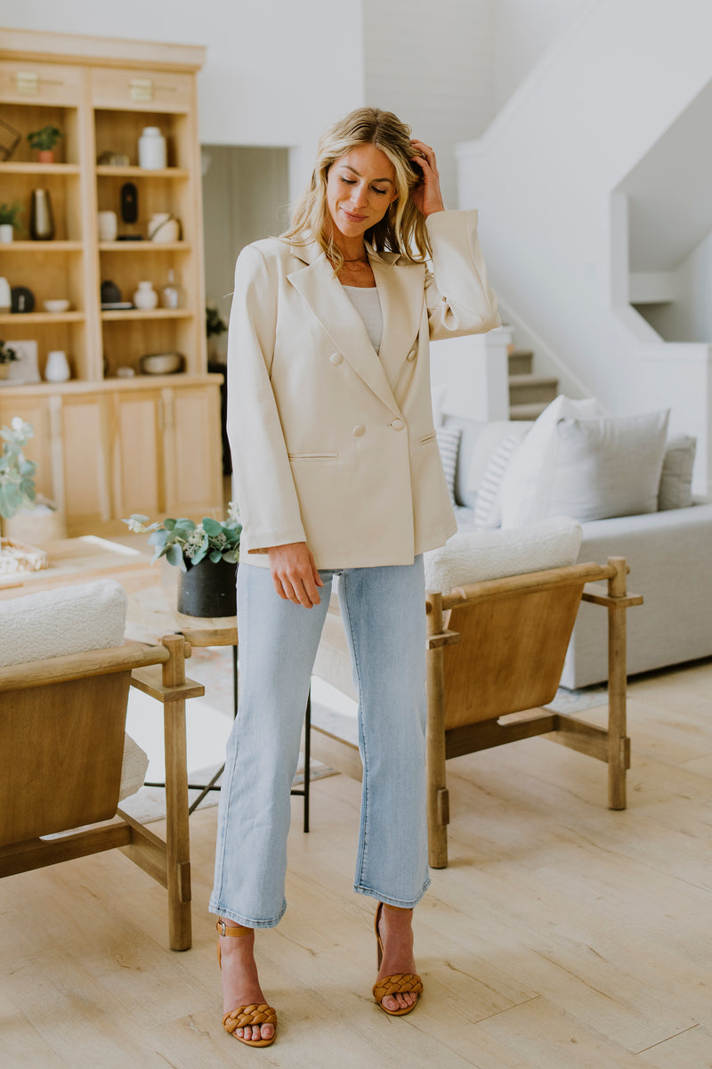 DOUBLE BREASTED SATIN BLAZER IN BEIGE