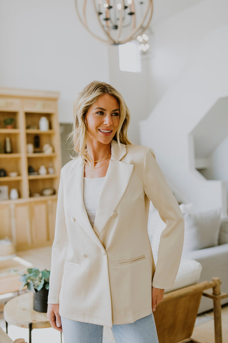 DOUBLE BREASTED SATIN BLAZER IN BEIGE