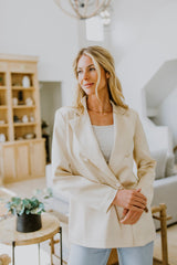 DOUBLE BREASTED SATIN BLAZER IN BEIGE