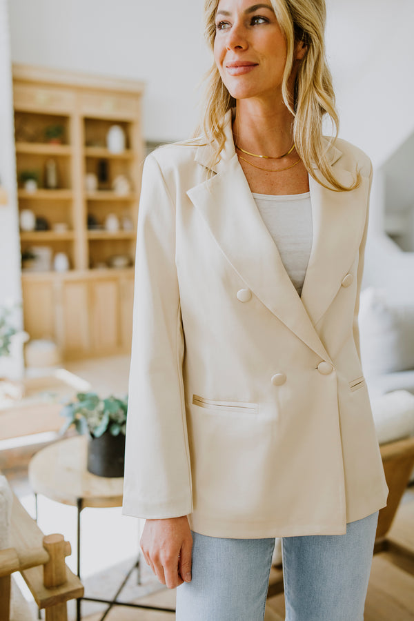 DOUBLE BREASTED SATIN BLAZER IN BEIGE