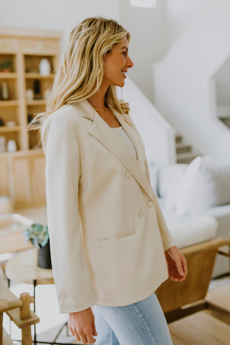 DOUBLE BREASTED SATIN BLAZER IN BEIGE