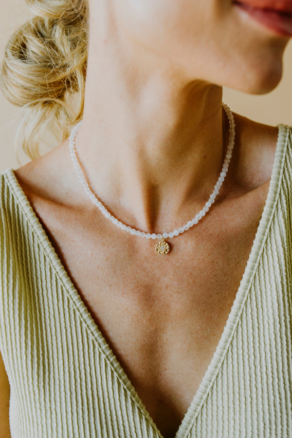 White Jade Beaded Necklace With Gold Filled Starburst Pendant