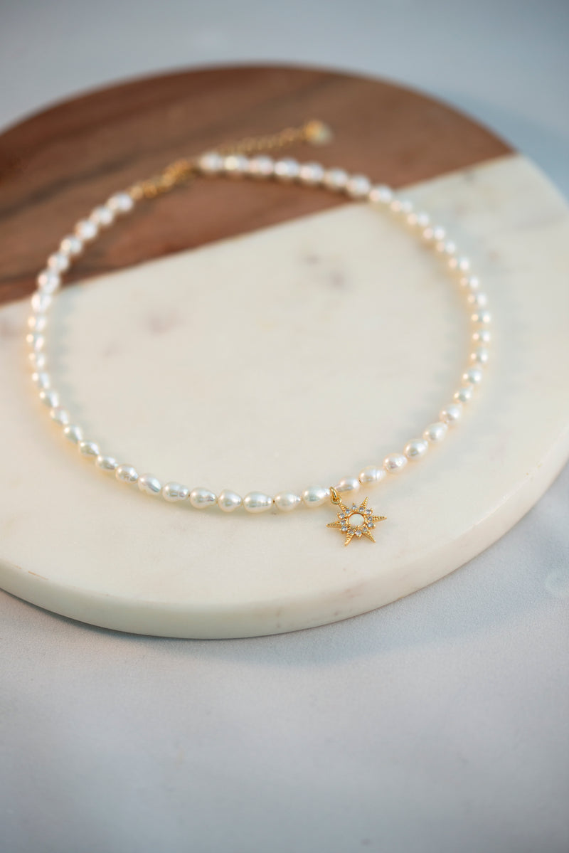 Freshwater Pearl Necklace with Gold Filled Starburst Pendant