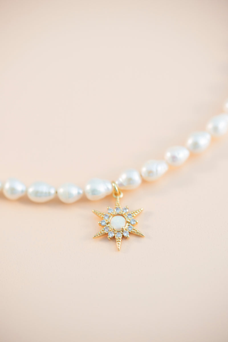 Freshwater Pearl Necklace with Gold Filled Starburst Pendant
