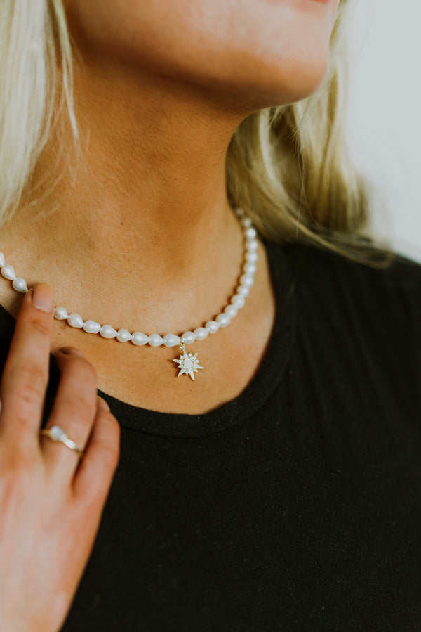Freshwater Pearl Necklace with Gold Filled Starburst Pendant