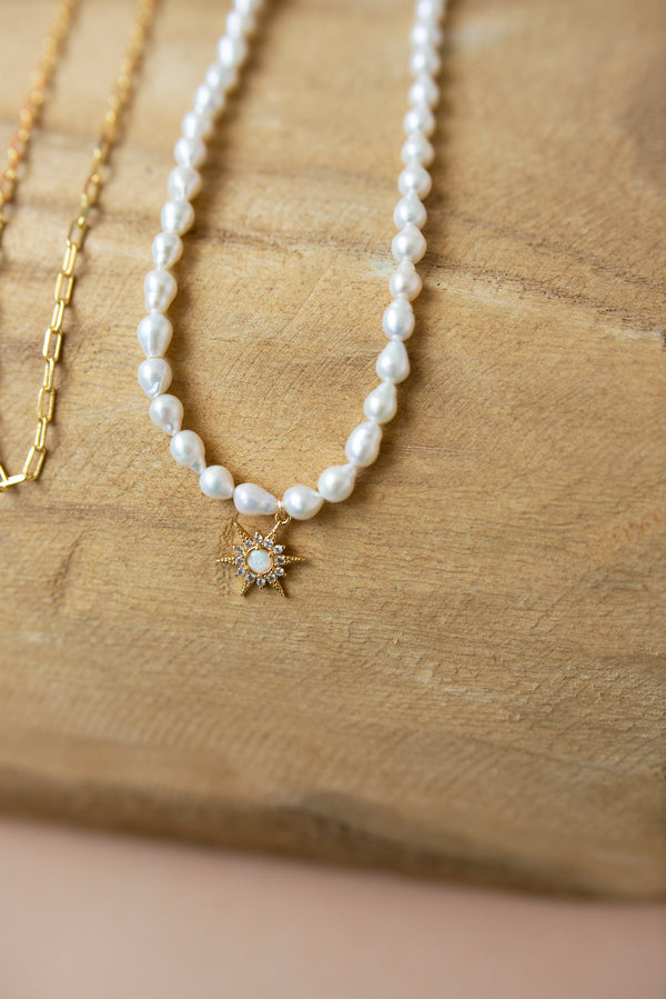 Freshwater Pearl Necklace with Gold Filled Starburst Pendant