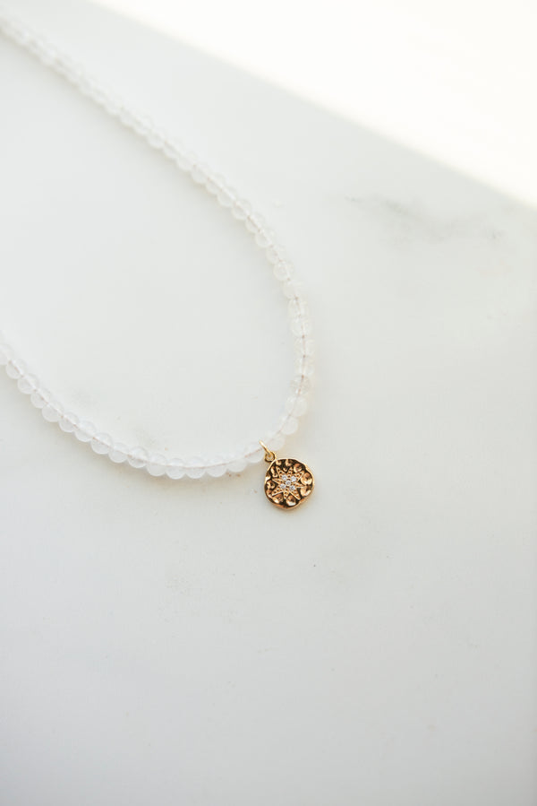 White Jade Beaded Necklace With Gold Filled Starburst Pendant