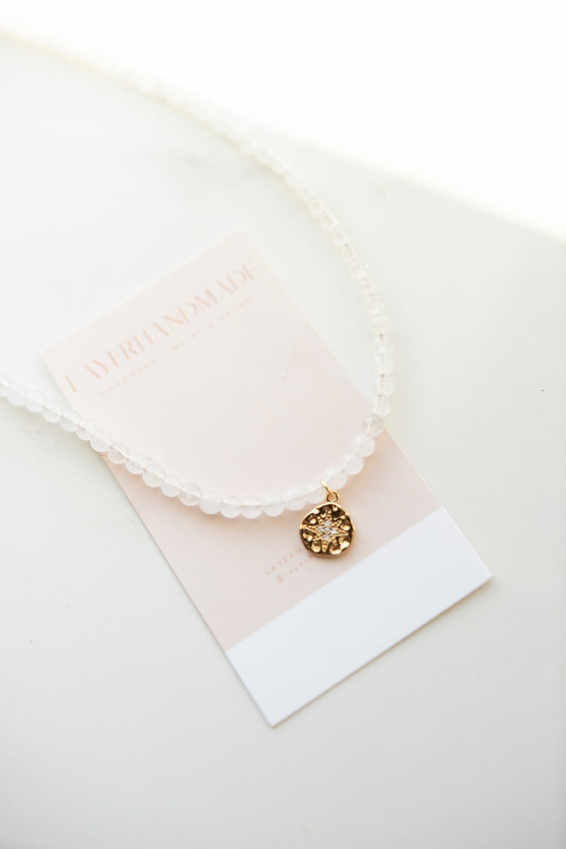White Jade Beaded Necklace With Gold Filled Starburst Pendant