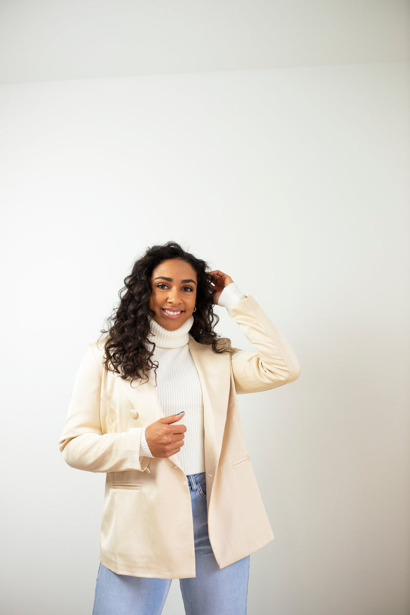 DOUBLE BREASTED SATIN BLAZER IN BEIGE