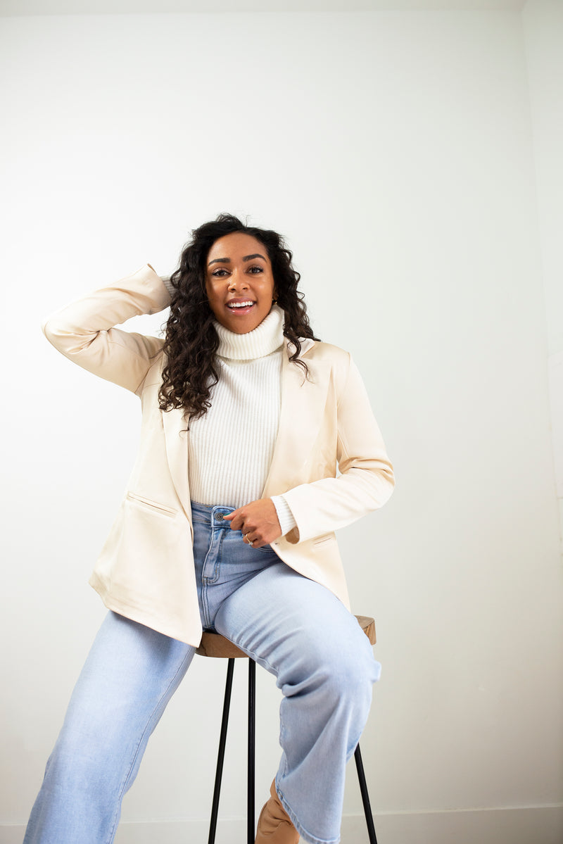DOUBLE BREASTED SATIN BLAZER IN BEIGE