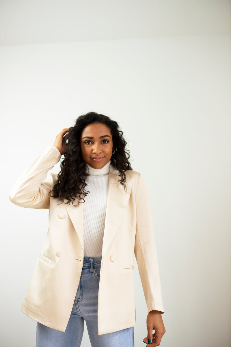 DOUBLE BREASTED SATIN BLAZER IN BEIGE