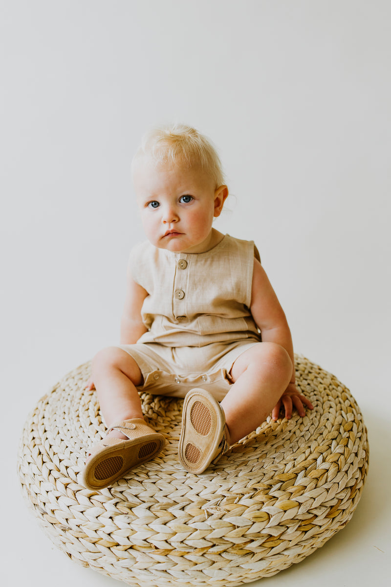 Oatmeal Cropped Linen Baby Romper