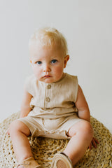 Oatmeal Cropped Linen Baby Romper
