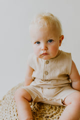 Oatmeal Cropped Linen Baby Romper