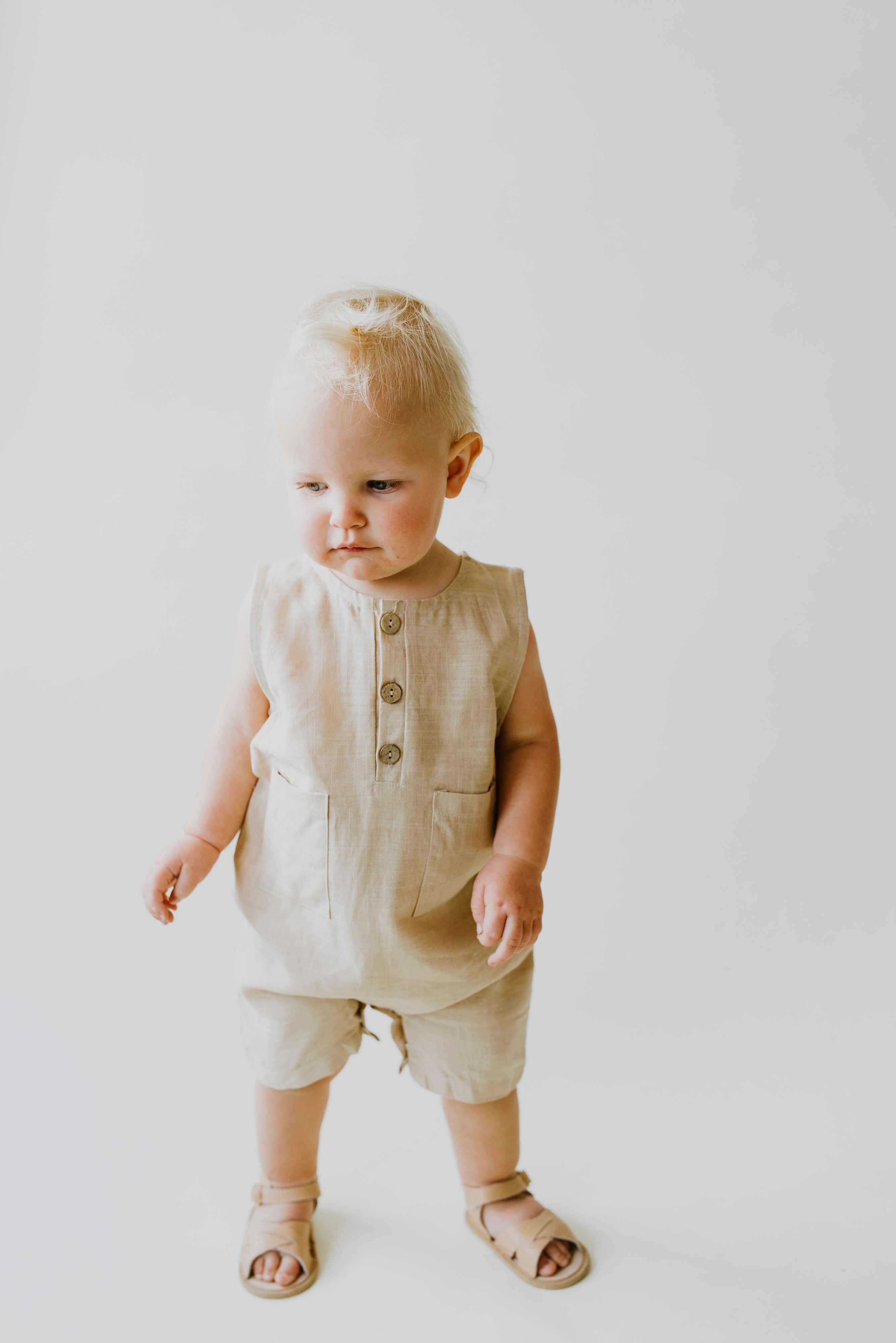 Oatmeal Cropped Linen Baby Romper