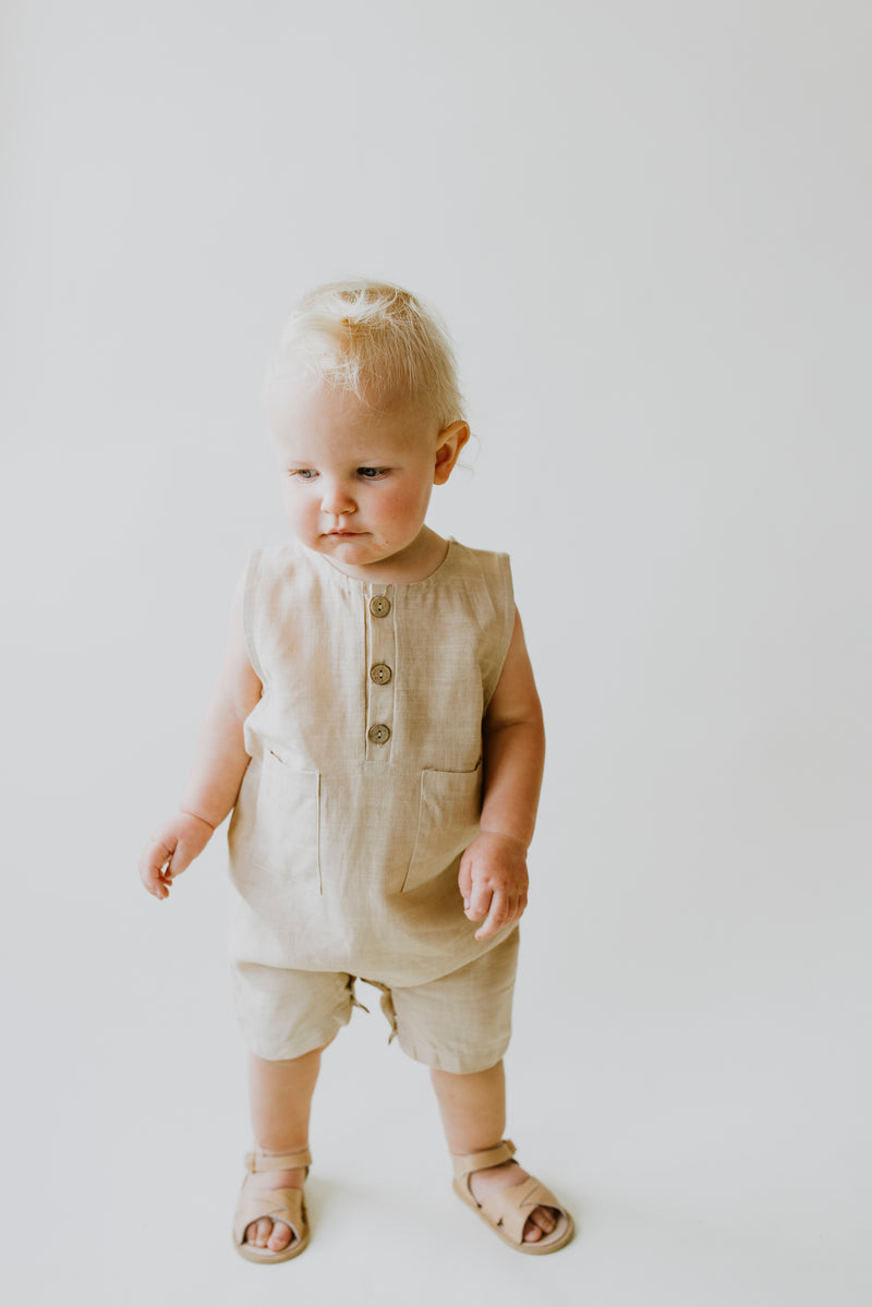 Oatmeal Cropped Linen Baby Romper