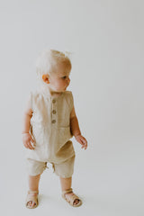 Oatmeal Cropped Linen Baby Romper