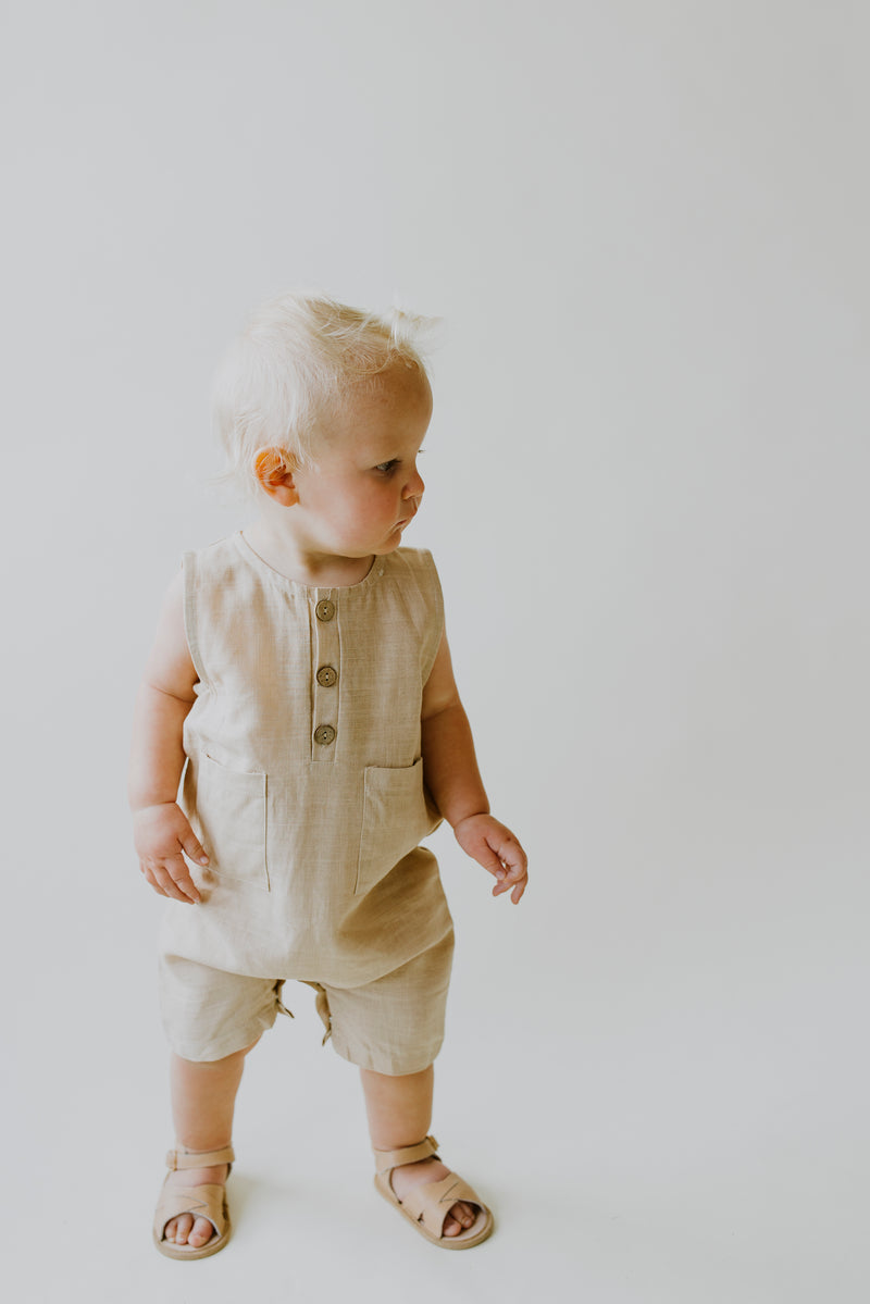 Oatmeal Cropped Linen Baby Romper