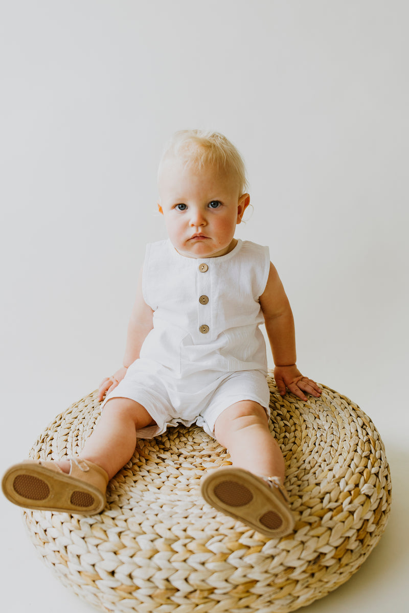 White Sleeveless Crop Linen Baby Romper