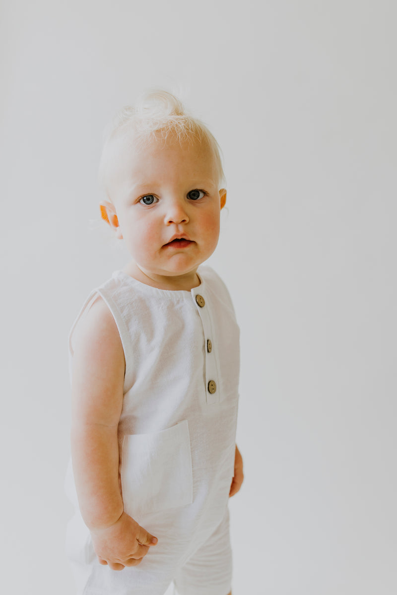 White Sleeveless Crop Linen Baby Romper
