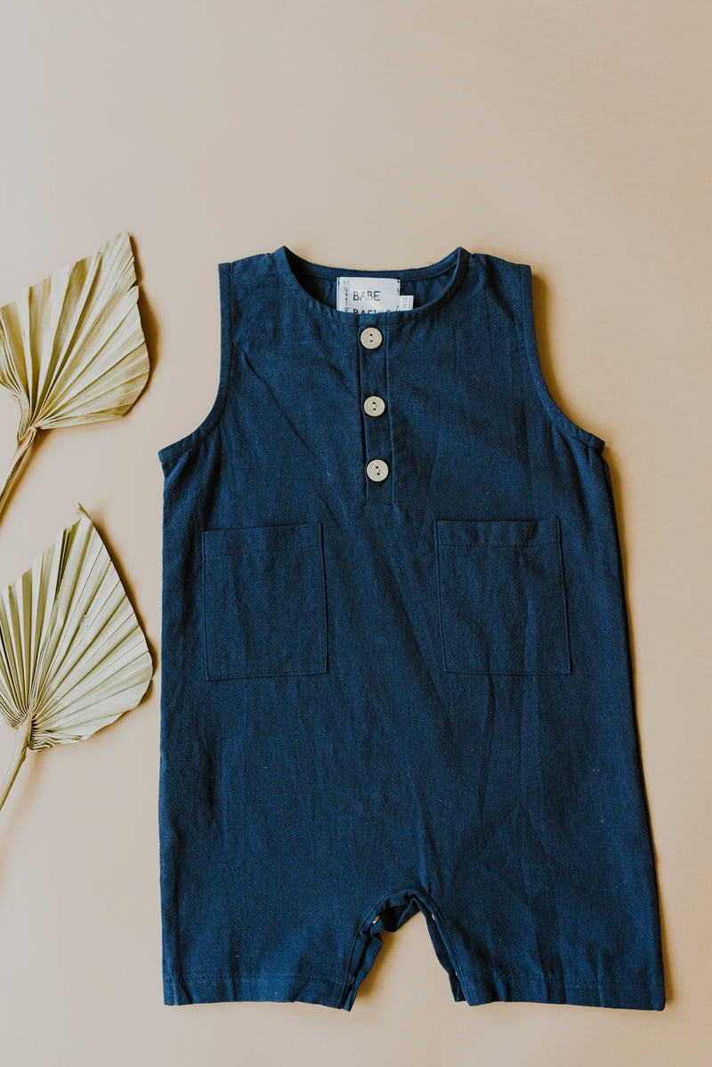 Navy Sleeveless Crop Linen Baby Romper