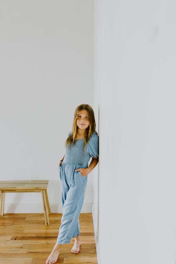 Girls Smocked Denim Jumpsuit